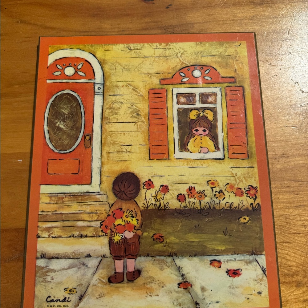 Vintage Candi 1970s Wall Plaque - Boy with Flowers Girl in Window